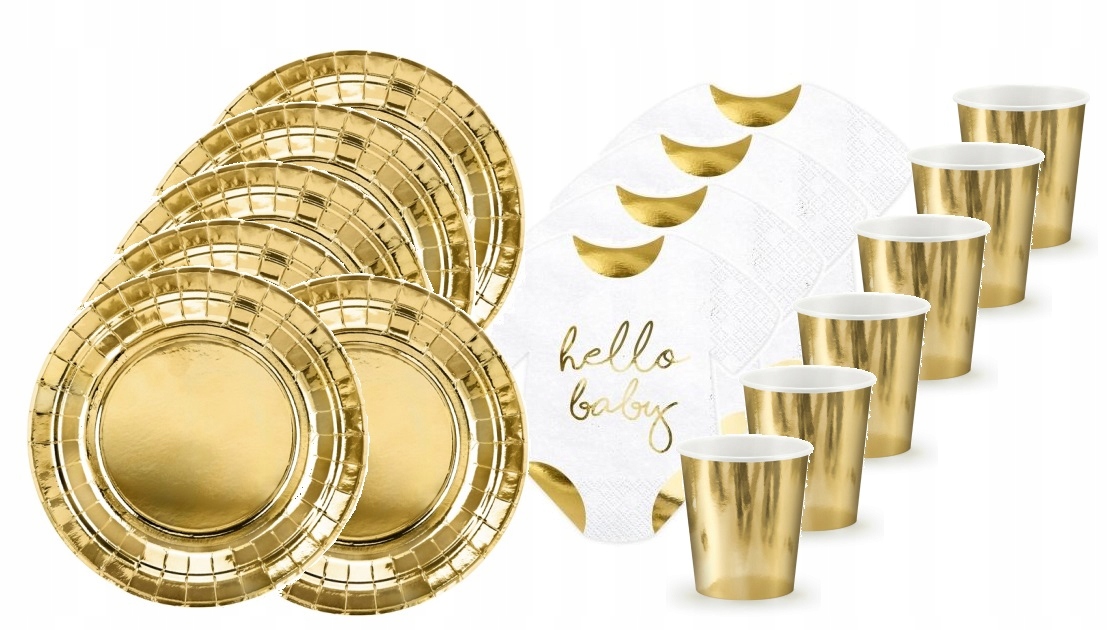 Zestaw Baby Showe Złote Talerzyk Serwetki 12 osób