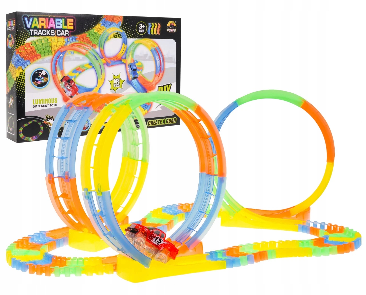 TOR ŚWIECĄCY W CIEMNOŚCI Z 3 PĘTLAMI + AUTKO