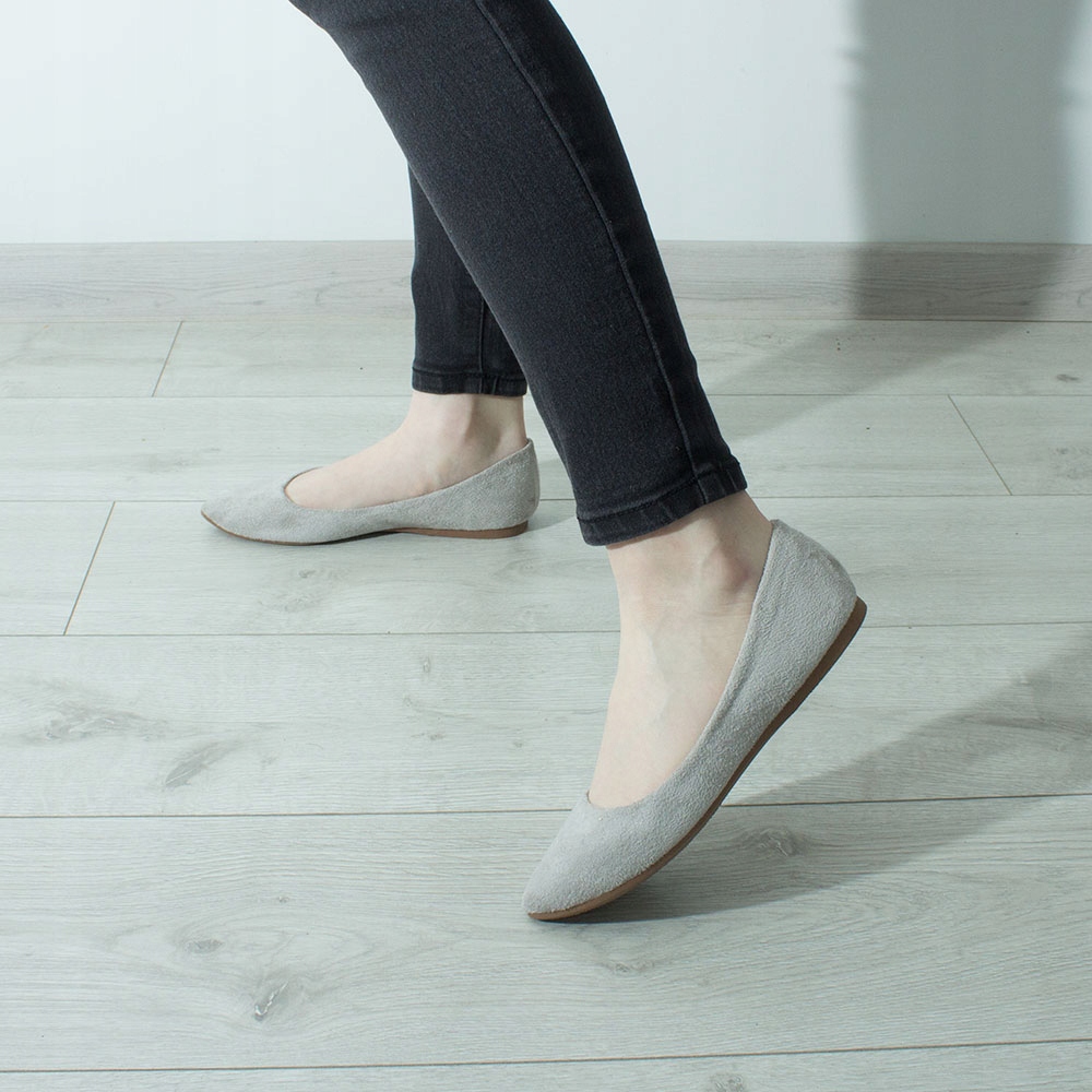KLASYCZNE ZAMSZOWE BALERINKI DAMSKIE BALERINY SZARE POPIELATE NOSEK W SZPIC Rozmiar 39