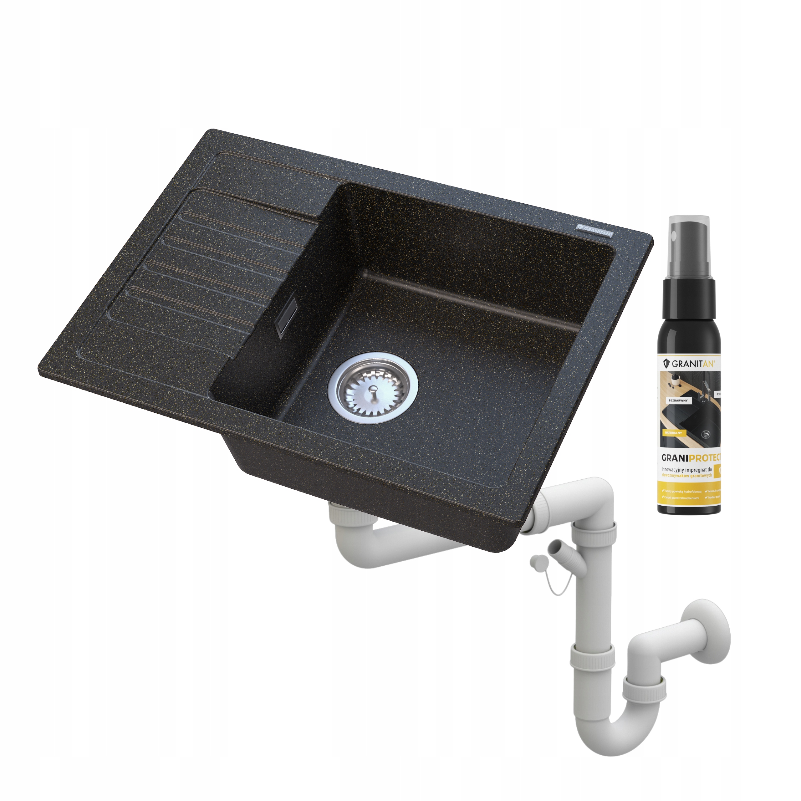 Jednokomorový granitový kuchynský drez s odkvapkávačom Argos, sifónový drez