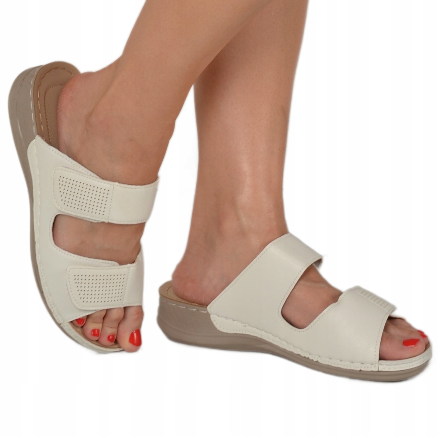 SZYTE KLAPKI DAMSKIE NA KOTURNIE Z PIANKI SKÓRZANE ORTOPOEDYCZNE NA RZEPY Rozmiar 38