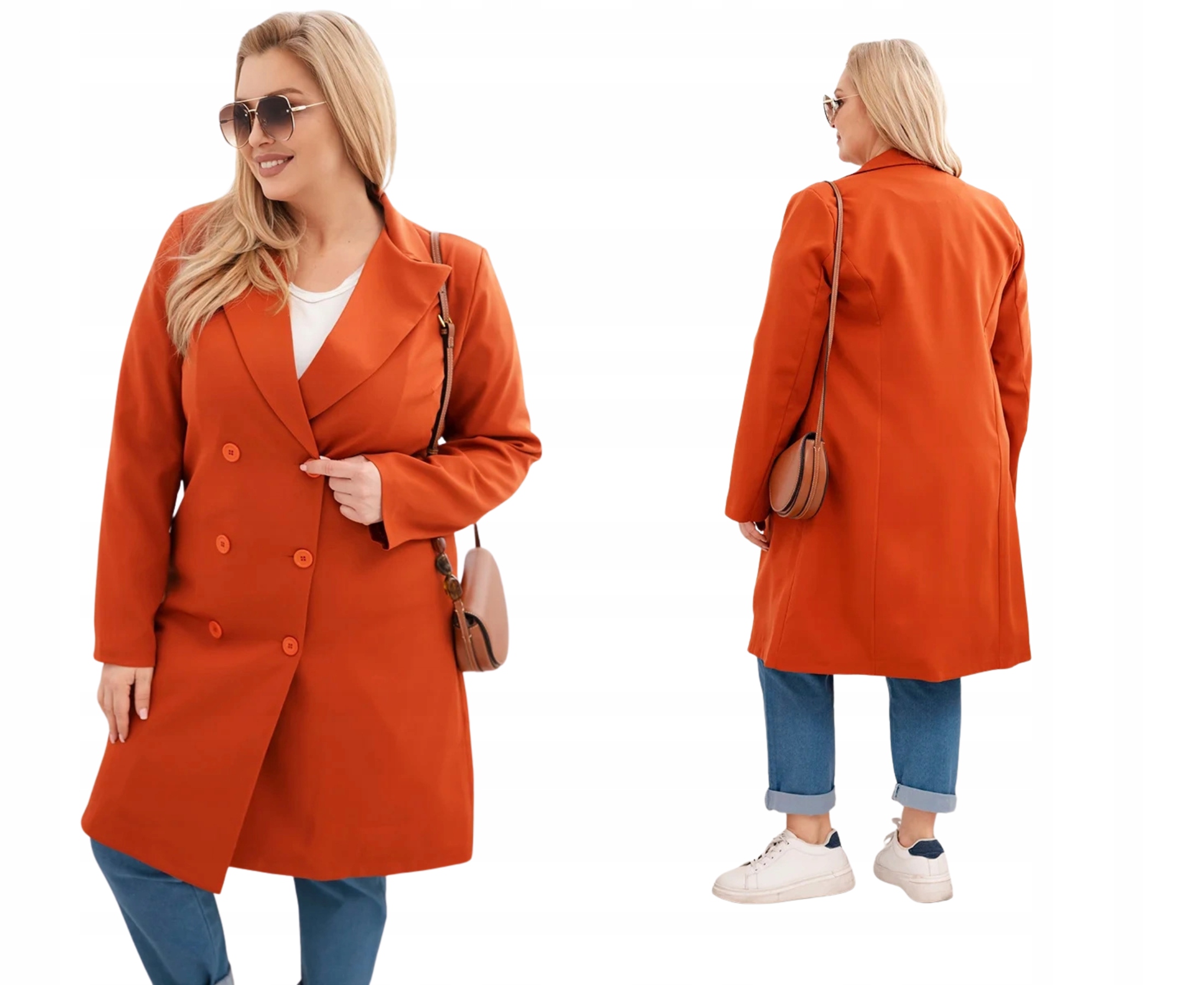 Červený dámský elegantní dvouřadý kabát s límcem