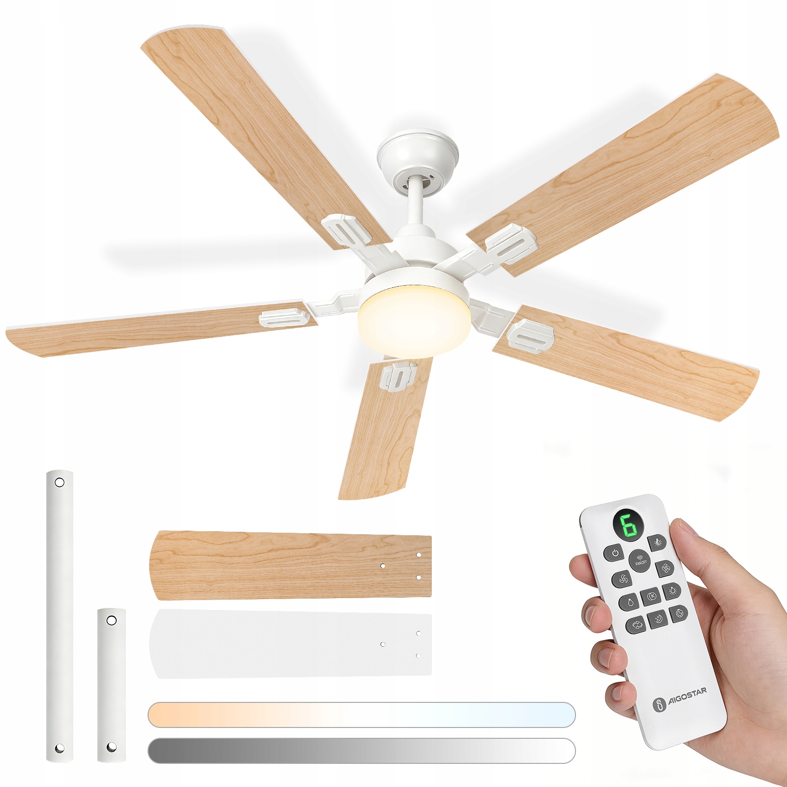 Wentylator sufitowy z lampą 132 cm DC cichy pilot Led 6 biegów efekt drewna