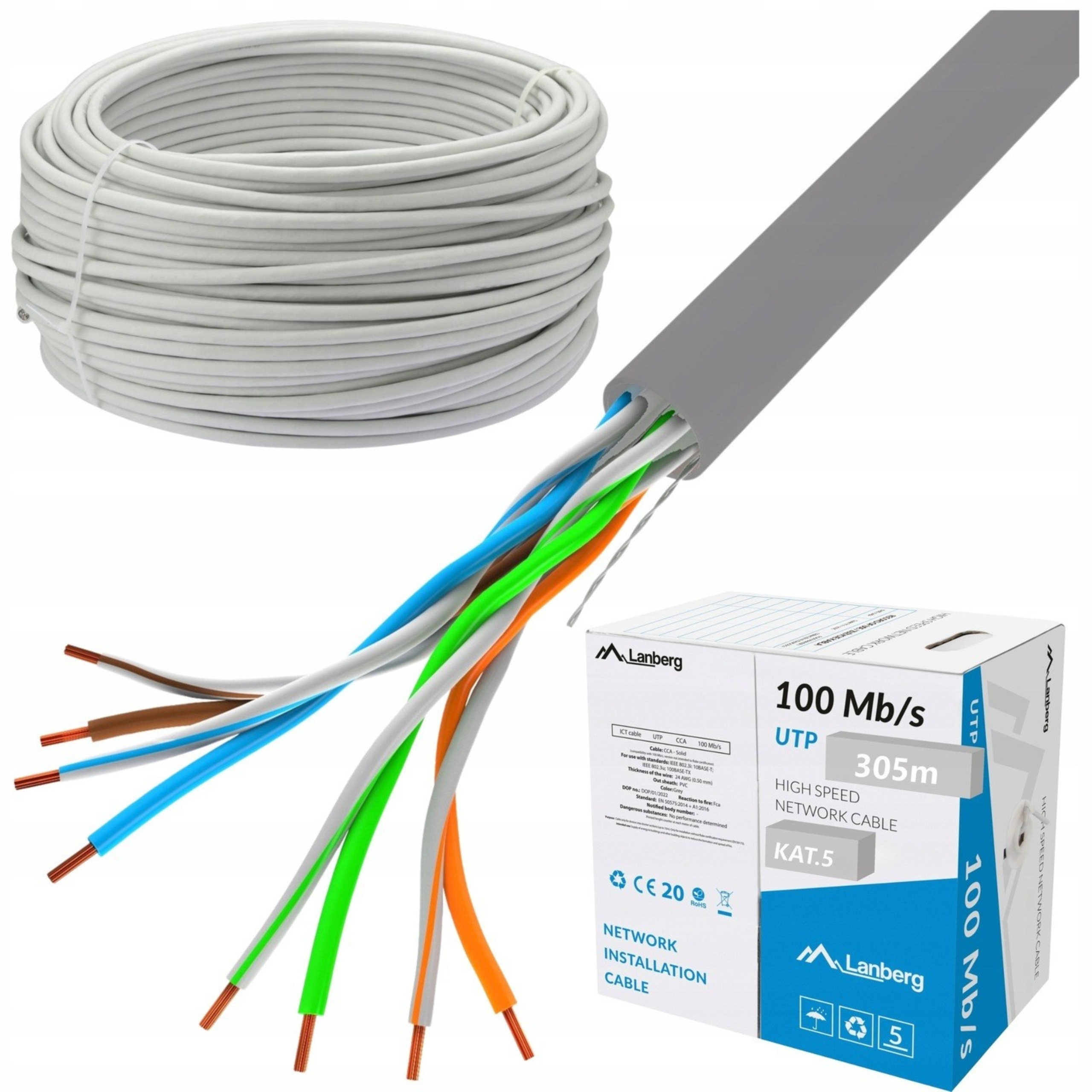 Kabel Skrętka Lanberg Utp KAT-5 305m Drut Cca Szary