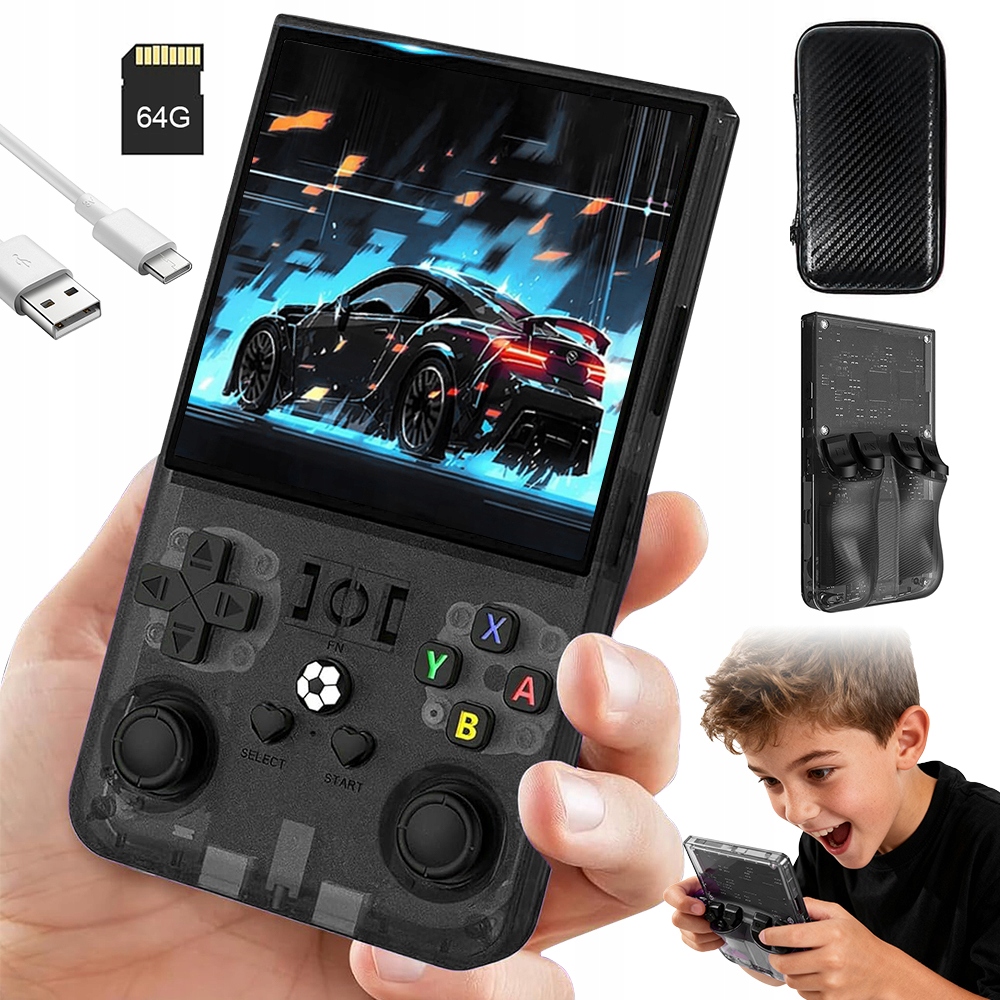 Przenośna Konsola R36MAX Półprzezroczysty 18000+ Gier 4" Ips 64GB Linux