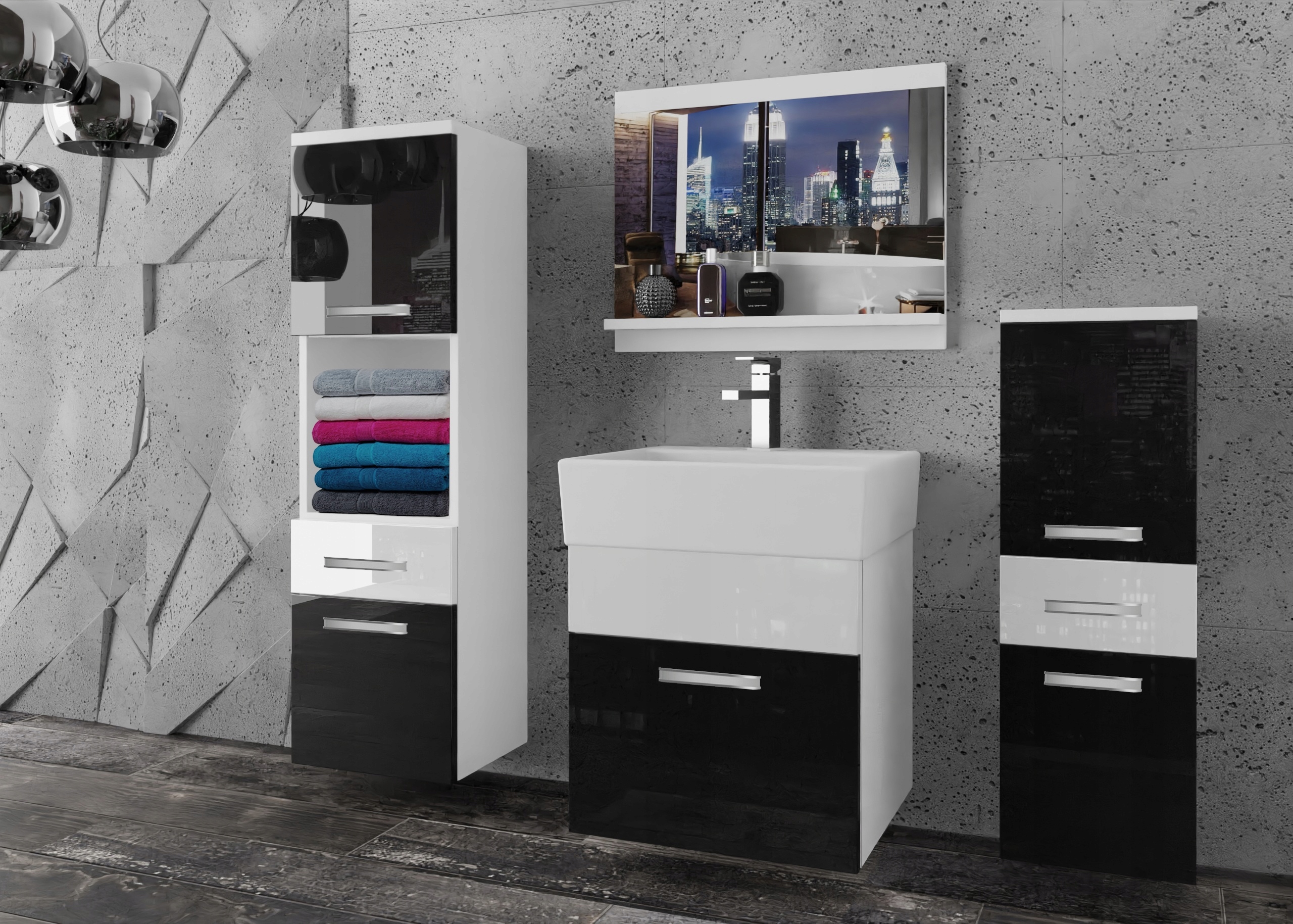 Meble łazienkowe z LUSTREM z UMYWALKĄ POŁYSK Materiał MDF