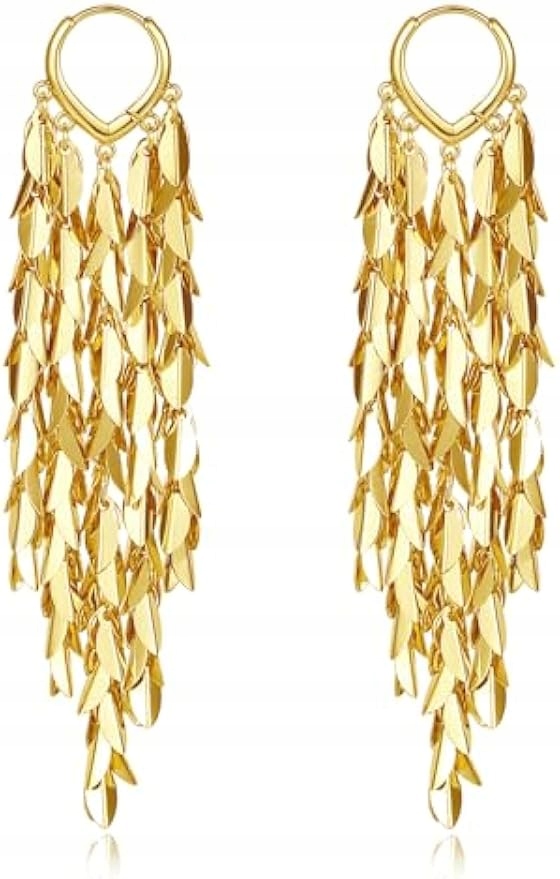 Náušnice kruhy s 18K zlatými lístky a dlouhými střapci pro ženy