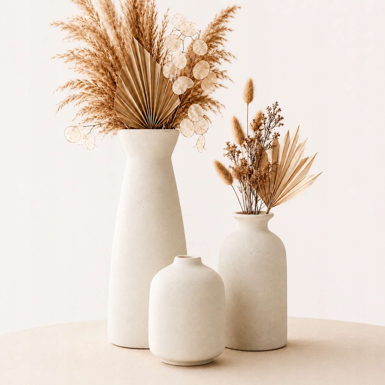 Zestaw Wazonów Ceramicznych 3 szt Beżowe Kremowe Boho Japandi na Suszki