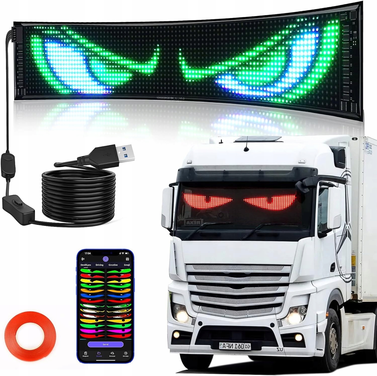 Oči Ďábla Pásek Elastický Rgb Displej Diody 12 CM X 59 CM