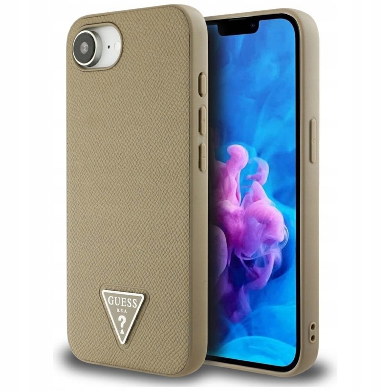 Guess Grained Triangle MagSafe – Pouzdro pro iPhone 16e (hnědé)