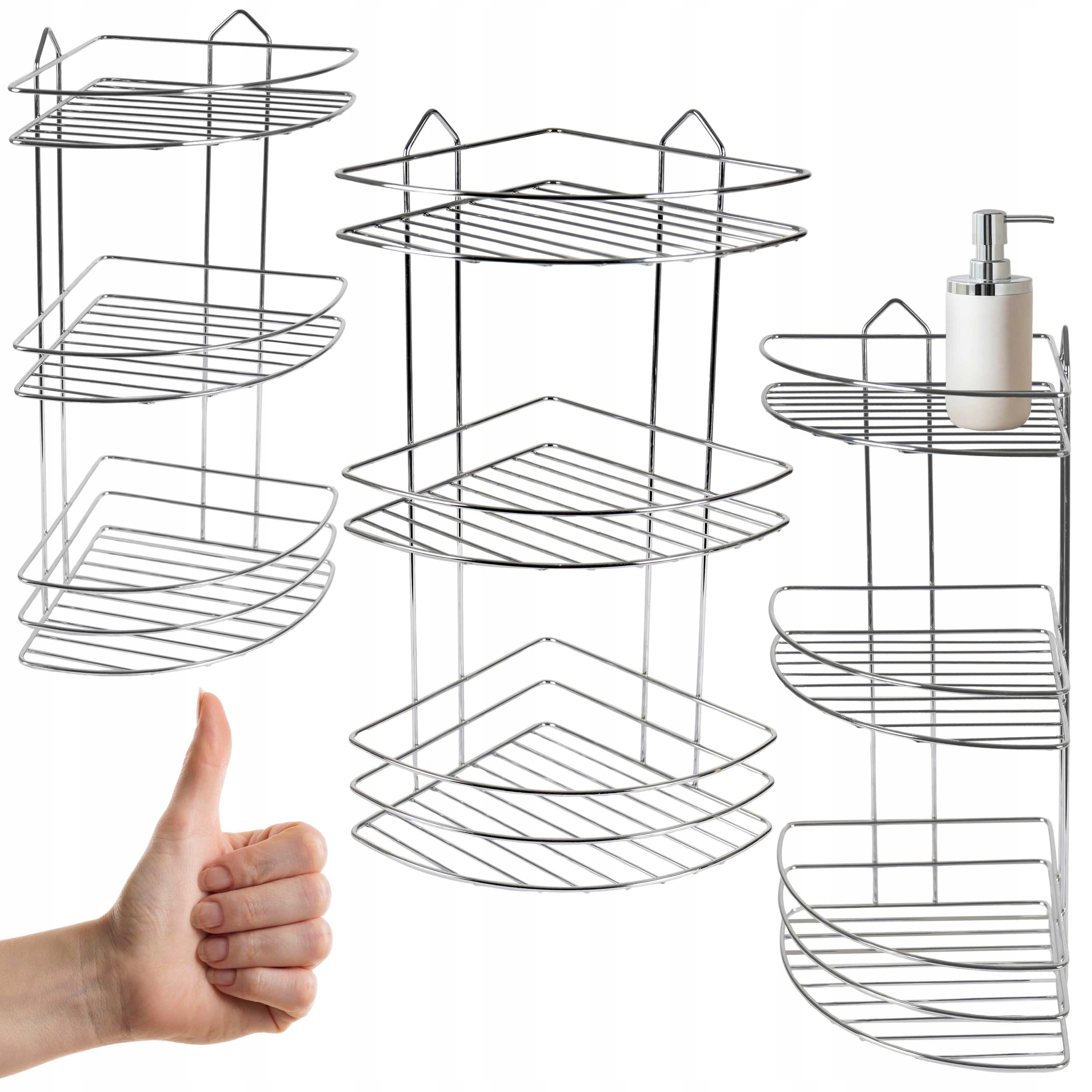 Stříbrná Rohová Kovová Polička 3 Úrovně Bezinvazivní Odolná Koupelnová