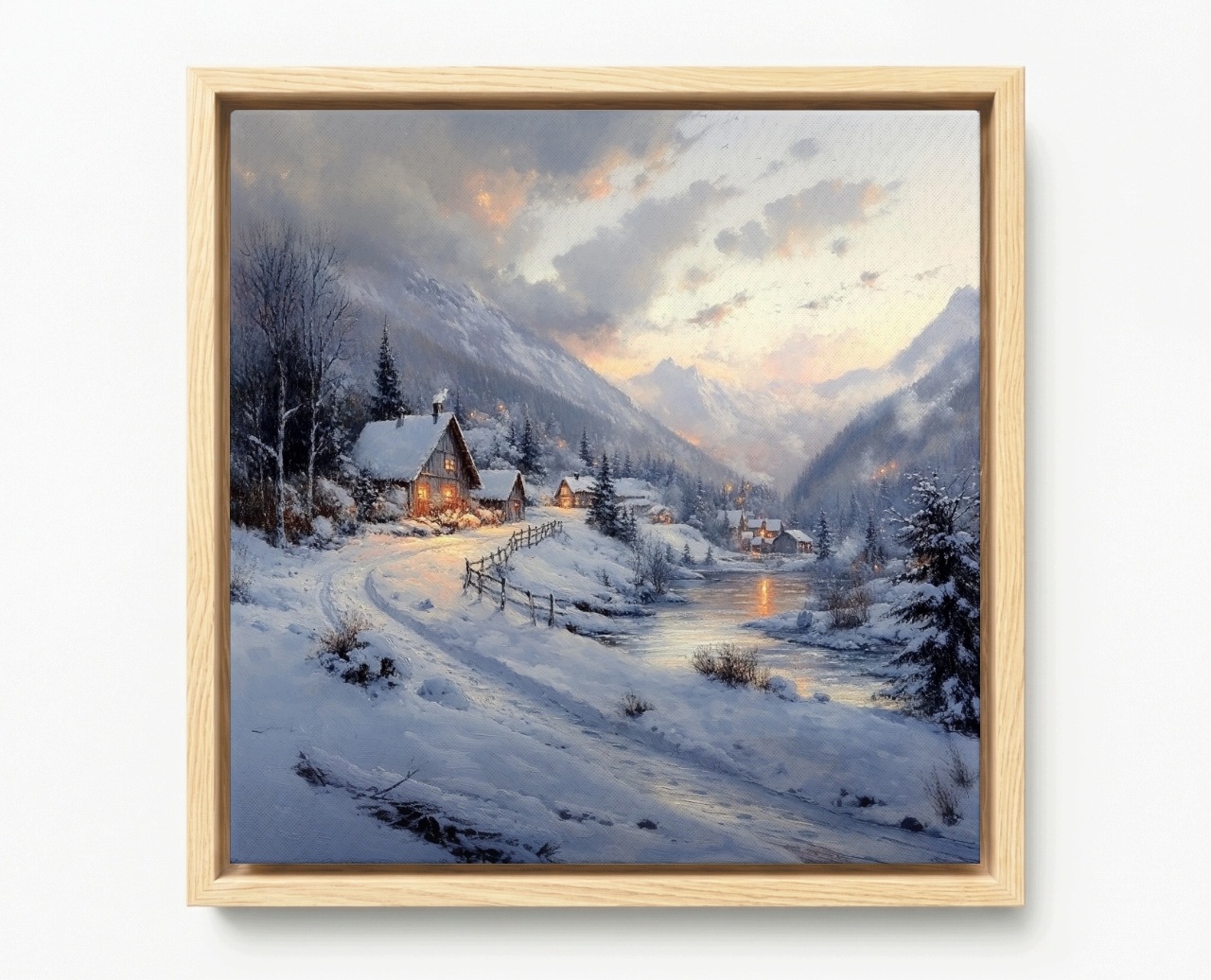 Obraz Rám Americký Box Zimní Krajina Domky Řeka Hory Sníh Zima 50x50
