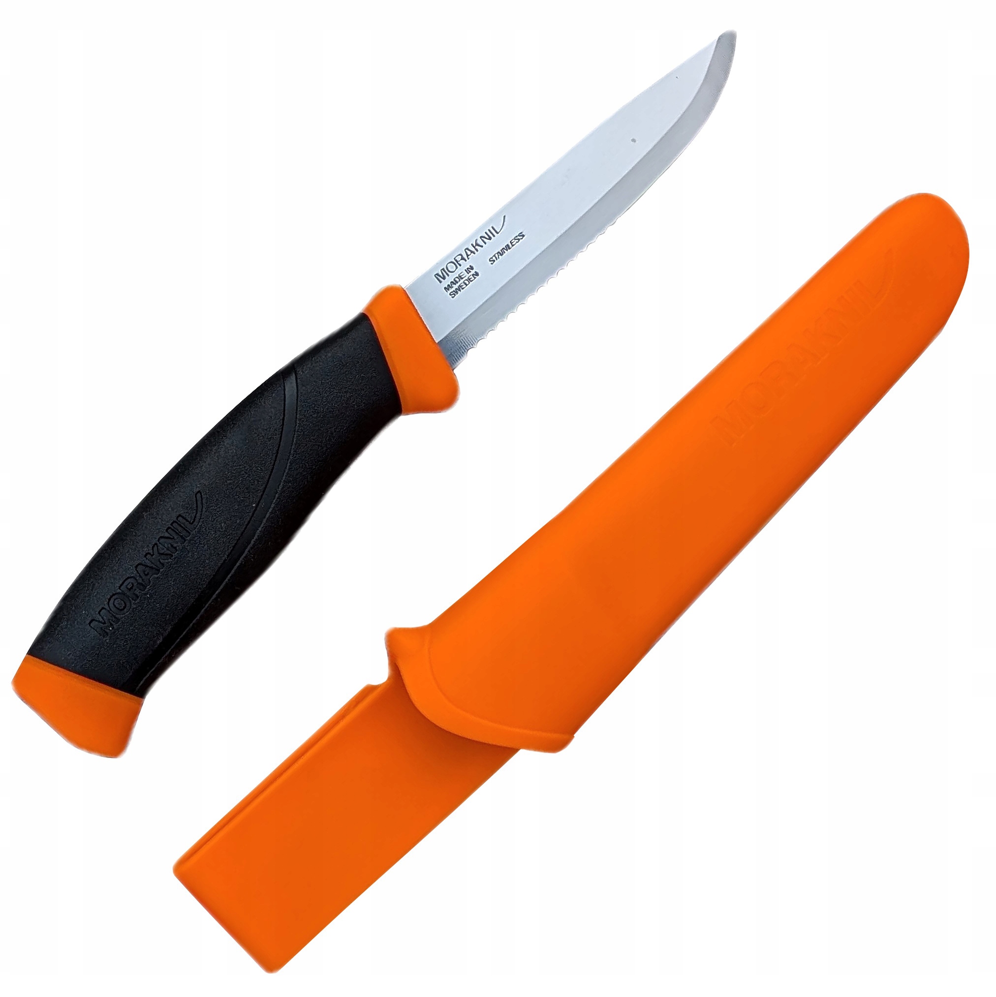 Nóż z pochwą Mora Companion Srt Hi-VIS pomarańczowy z piłką do lin nylonu