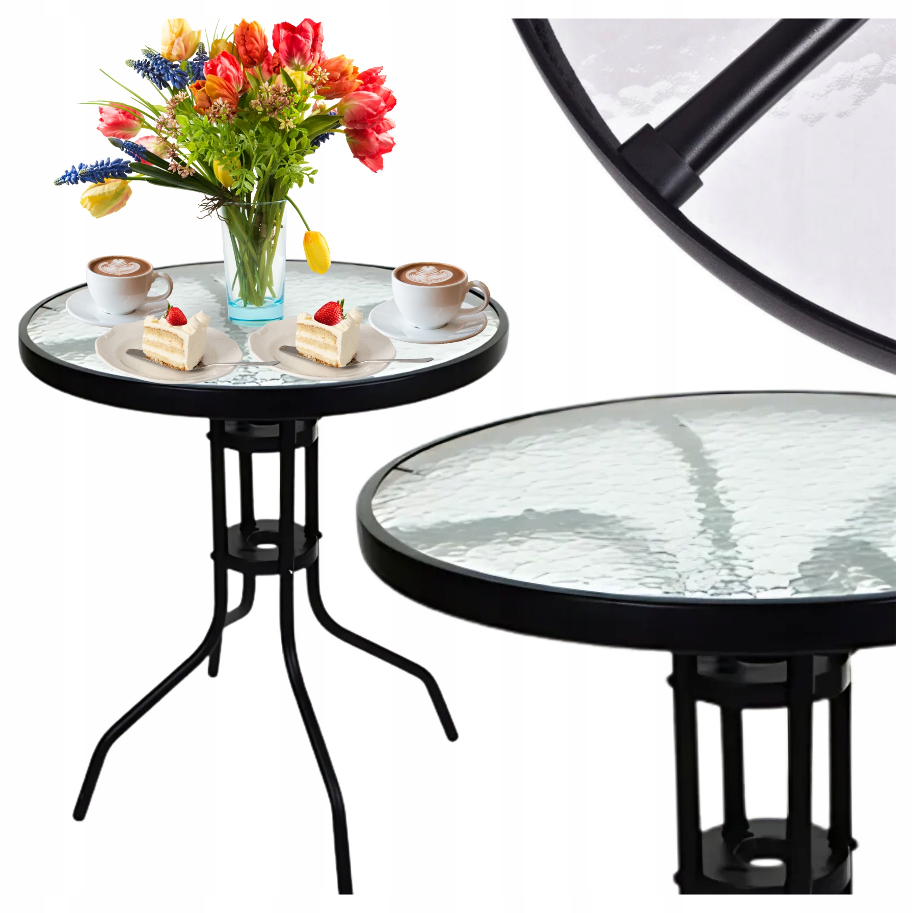 Stolik kawowy okrągły stół ogrodowy na balkon taras szkło hartowane czarny
