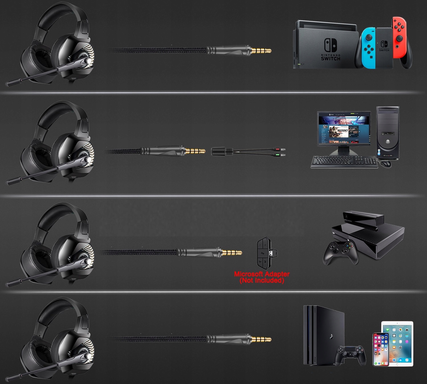 SŁUCHAWKI Z MIKROFONEM GAMINGOWE LED DLA GRACZA Kolor czarny