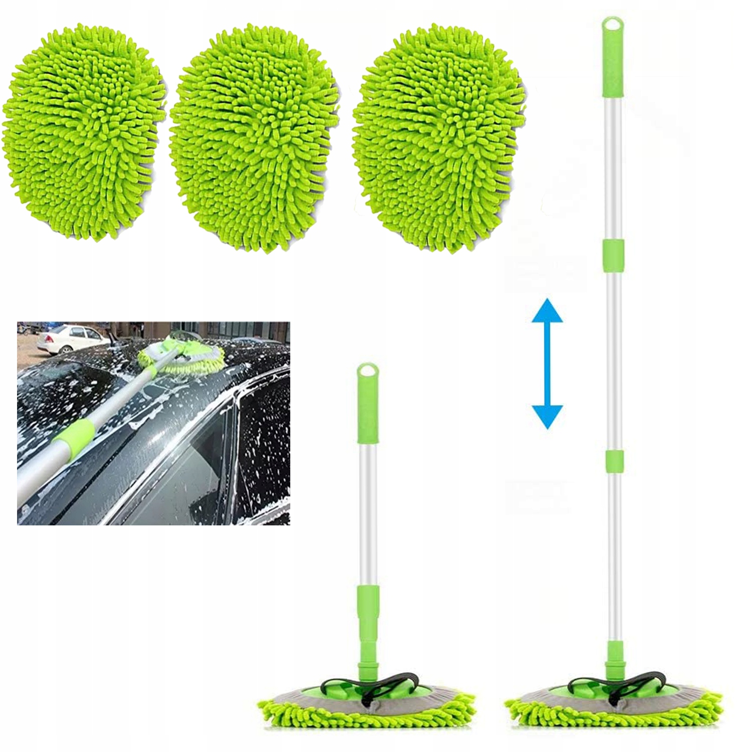 SZCZOTKA DO MYCIA AUTA SAMOCHODU MOP MIKROFIBRY + TRZY GŁÓWKI MOPA 113CM