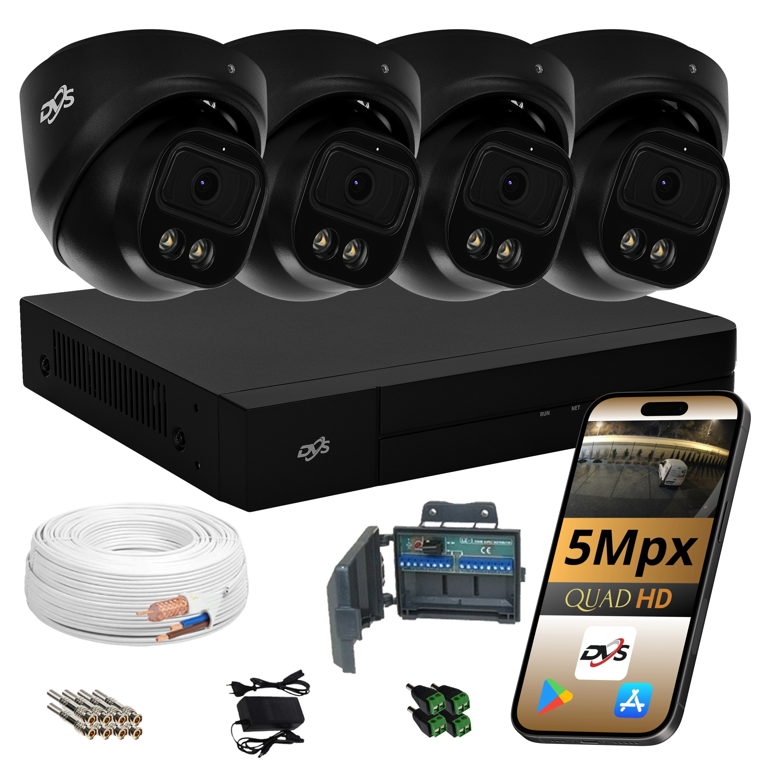 Set Na Monitorovanie 4 Čierne Kamery 5Mpx Dual Light Kopulka Dvs Led Ir