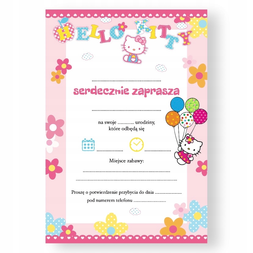 ZAPROSZENIA Urodzinowe dla Dzieci 'Hello Kitty' Wysokość produktu 19 cm