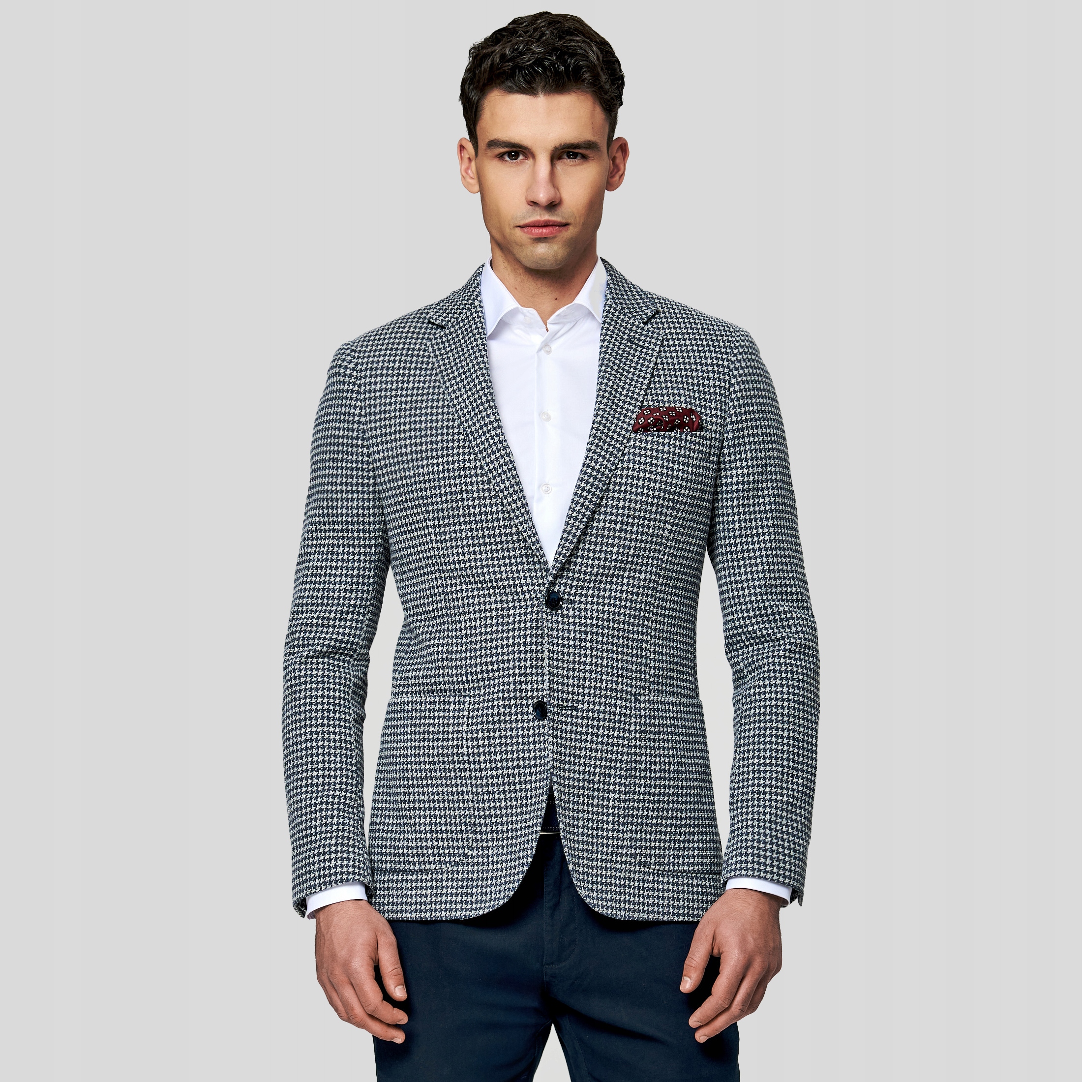 Tmavě modrá sako ve vzoru pepitky s bavlnou Pako Lorente vel