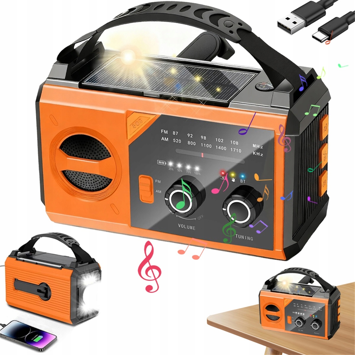 Bluetooth rádio 5.3 20000 mAh power banka s Led a Sos svítilnou, oranžová