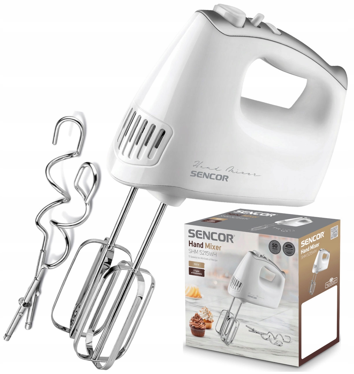 Mikser Ręczny Sencor 500W Regulacja Prędkości Turbo Haki Do Zagniatania