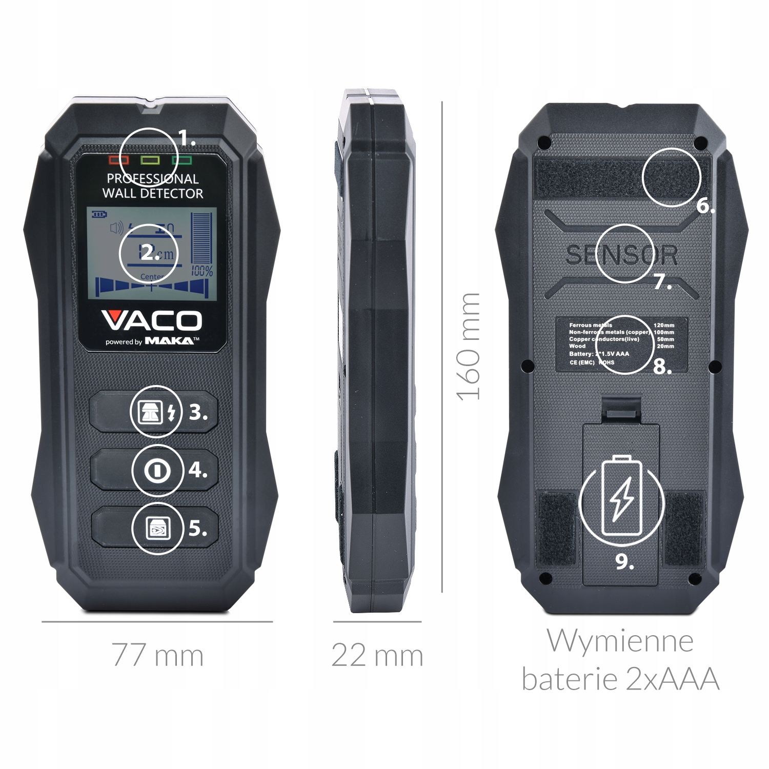 WYKRYWACZ PRZEWODÓW Detektor napięcia METALI Drewna PROFILI Rur KABLI Maksymalna głębokość pomiaru dla drewna 38 mm