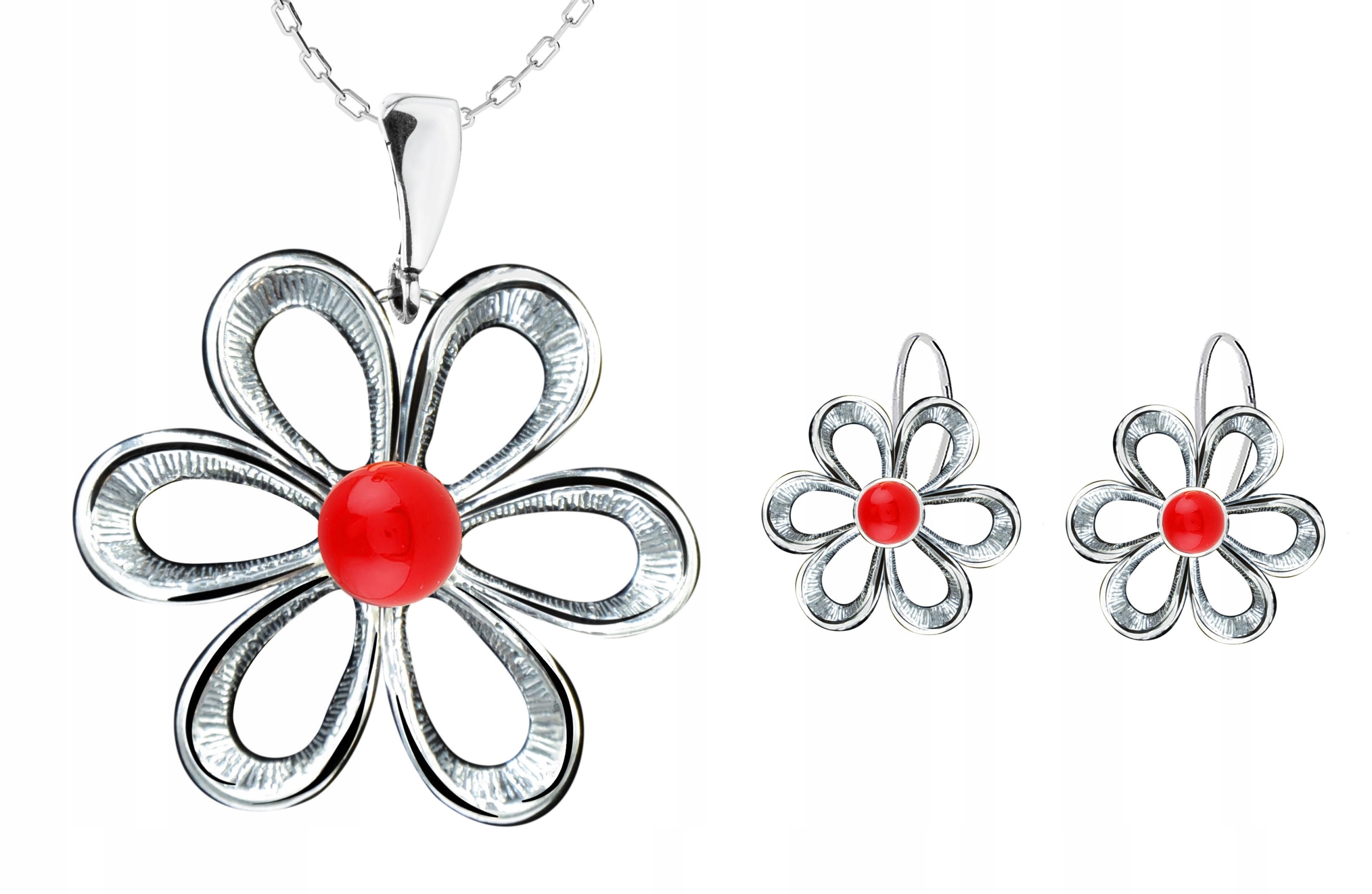 

Komplet Biżuterii Kwiatki Z Czerwonymi Perełkami