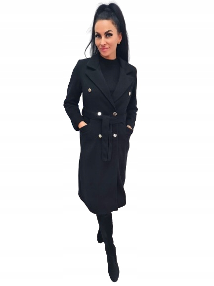 Jesienny Płaszcz Bellissima Z Paskiem I Złotymi Guzikami Czarny M.
