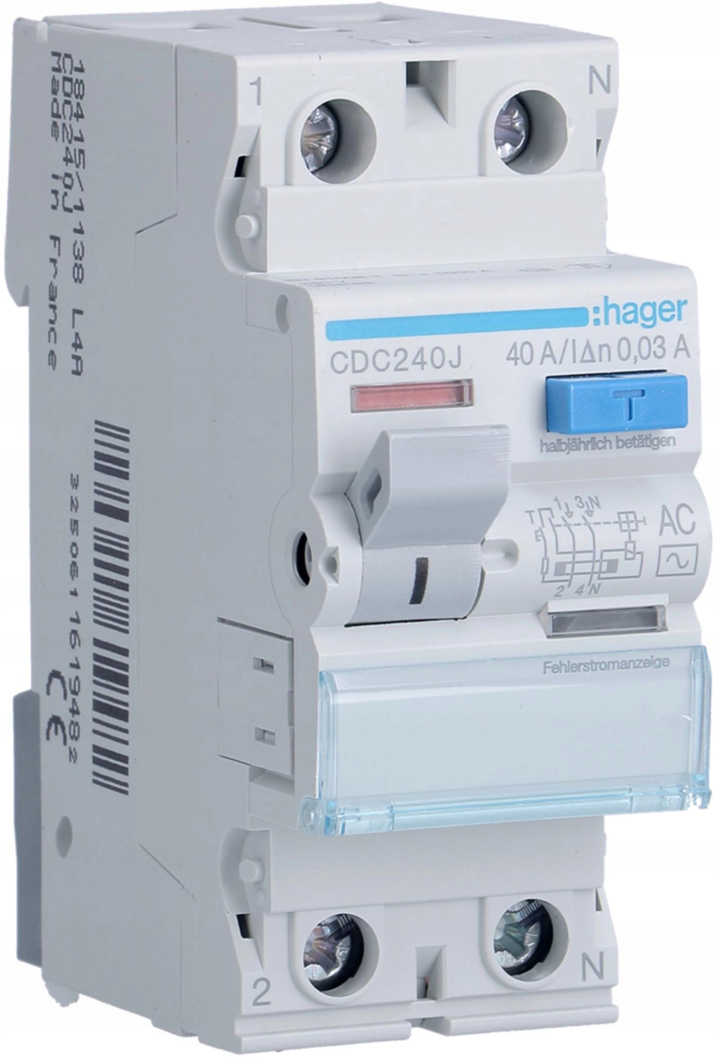 Proudový chránič 1P+N 40A 30mA 6kA Ac Hager CDC240J