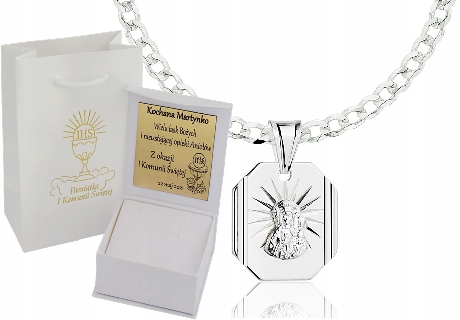ŁAŃCUSZEK SREBRNY PANCERKA PEŁNY Z MEDALIKIEM 925 KOMUNIA GRAWER GRATIS Marka Argmeta
