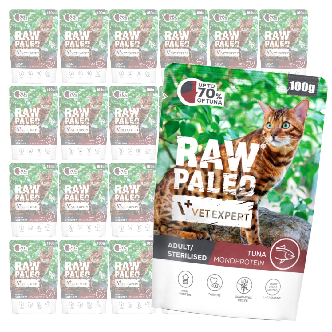 Vet Expert Raw Paleo Adult Sterilised 24x100g Krmivo Vlhký tuňák Pro Kočky