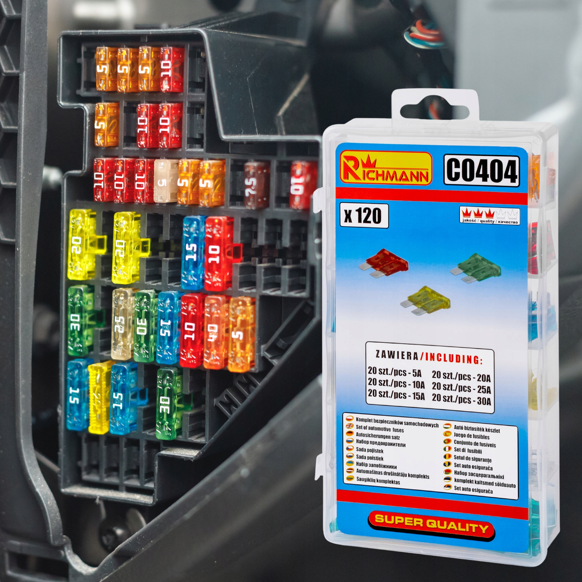 ZESTAW KOMPLET BEZPIECZNIKÓW SAMOCHODOWYCH STANDARD 120SZT RICHMANN C0404 Stan opakowania oryginalne