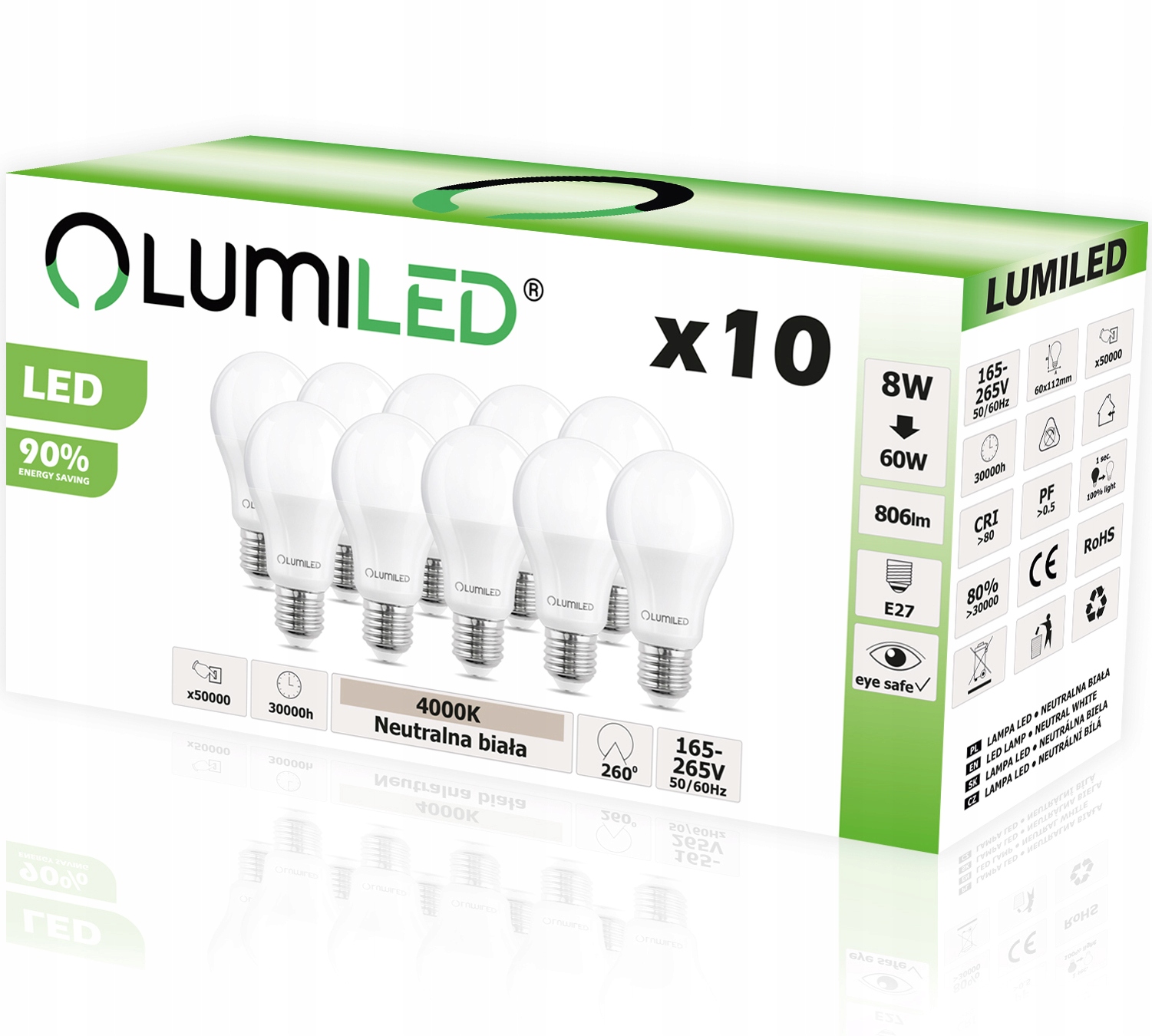 

10x Żarówka Led E27 8W 60W 806lm 4000K Lumiled