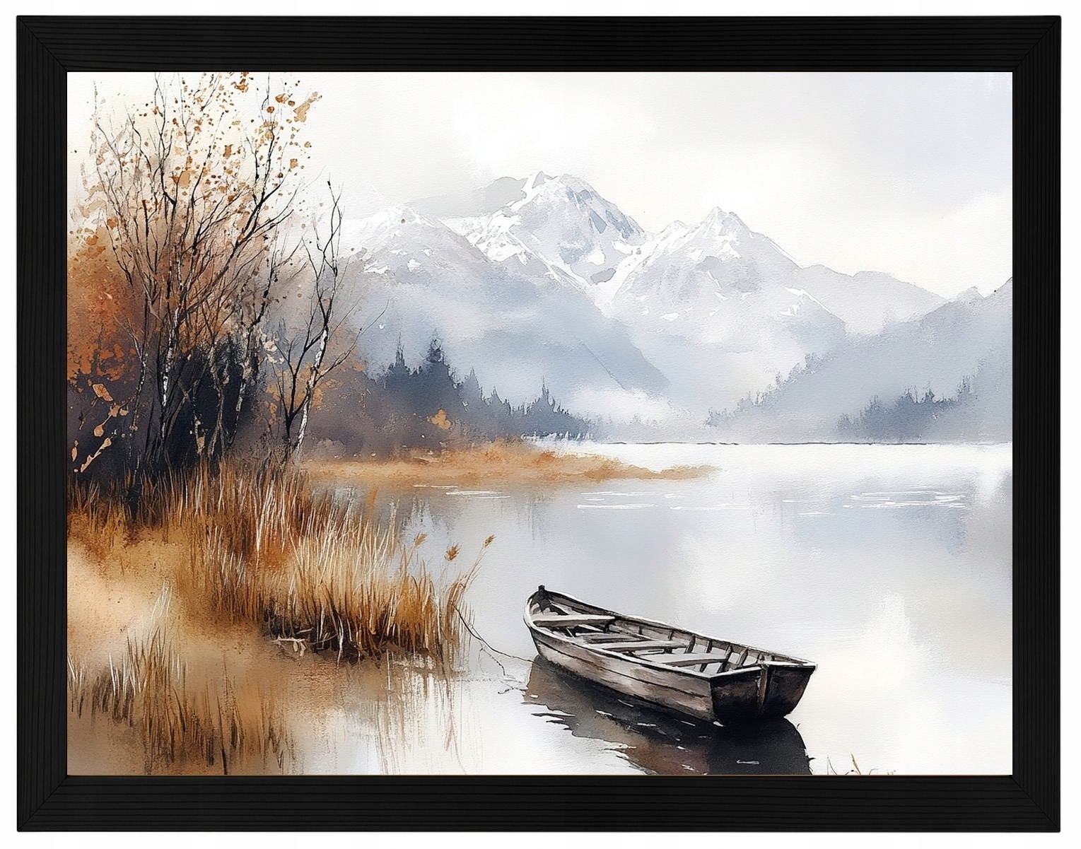 Plakát Rámeček Dřevo Krajina Příroda Hory Jezero Loďka Mlha Podzim 80x60