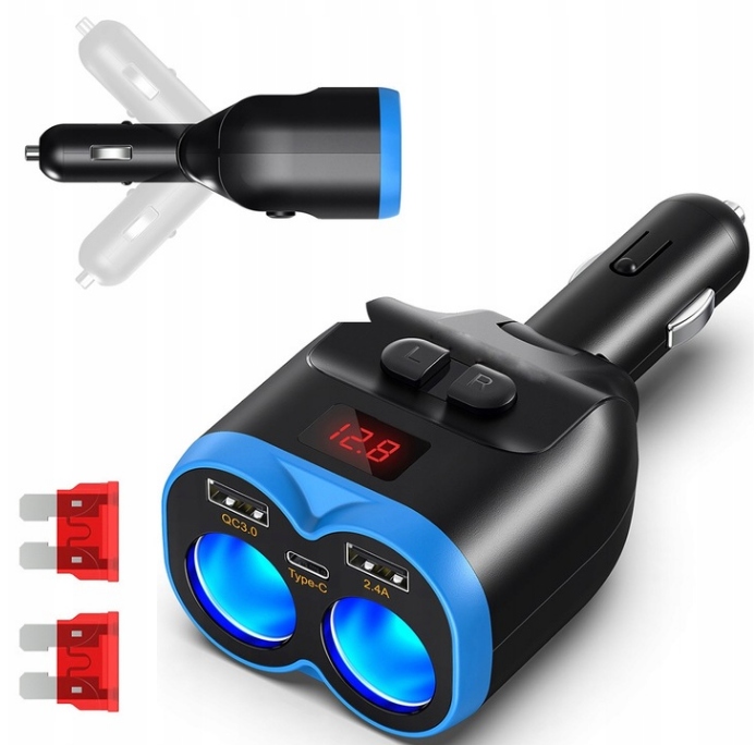 Rozdzielacz Zapalniczki 12V 24V 150W 2x Usb Qc 3.0 Usb-c 2 Gniazda Led