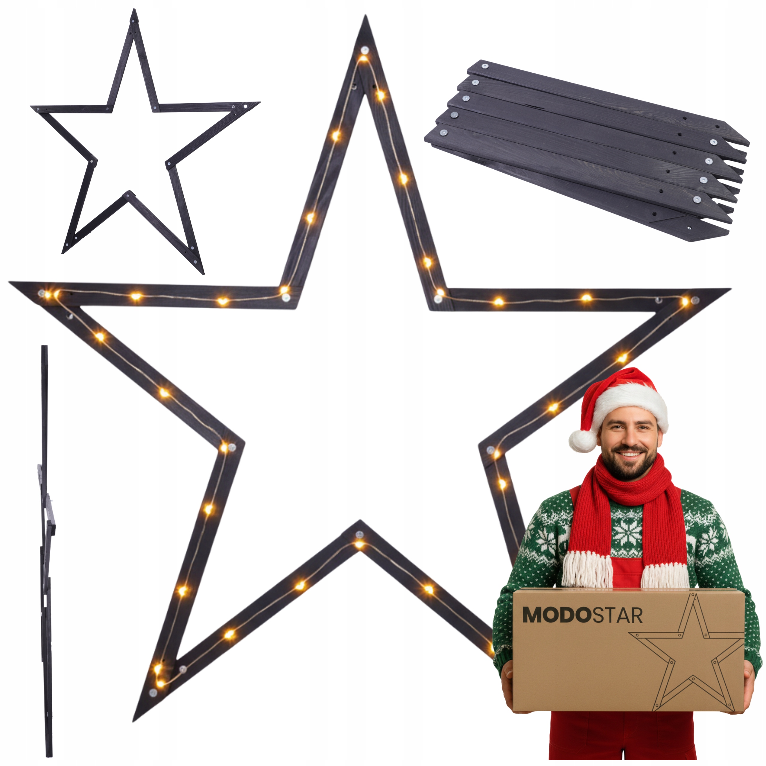 Závěsná vánoční hvězda s rychlou montáží ModoStar 139 cm dřevo Černá