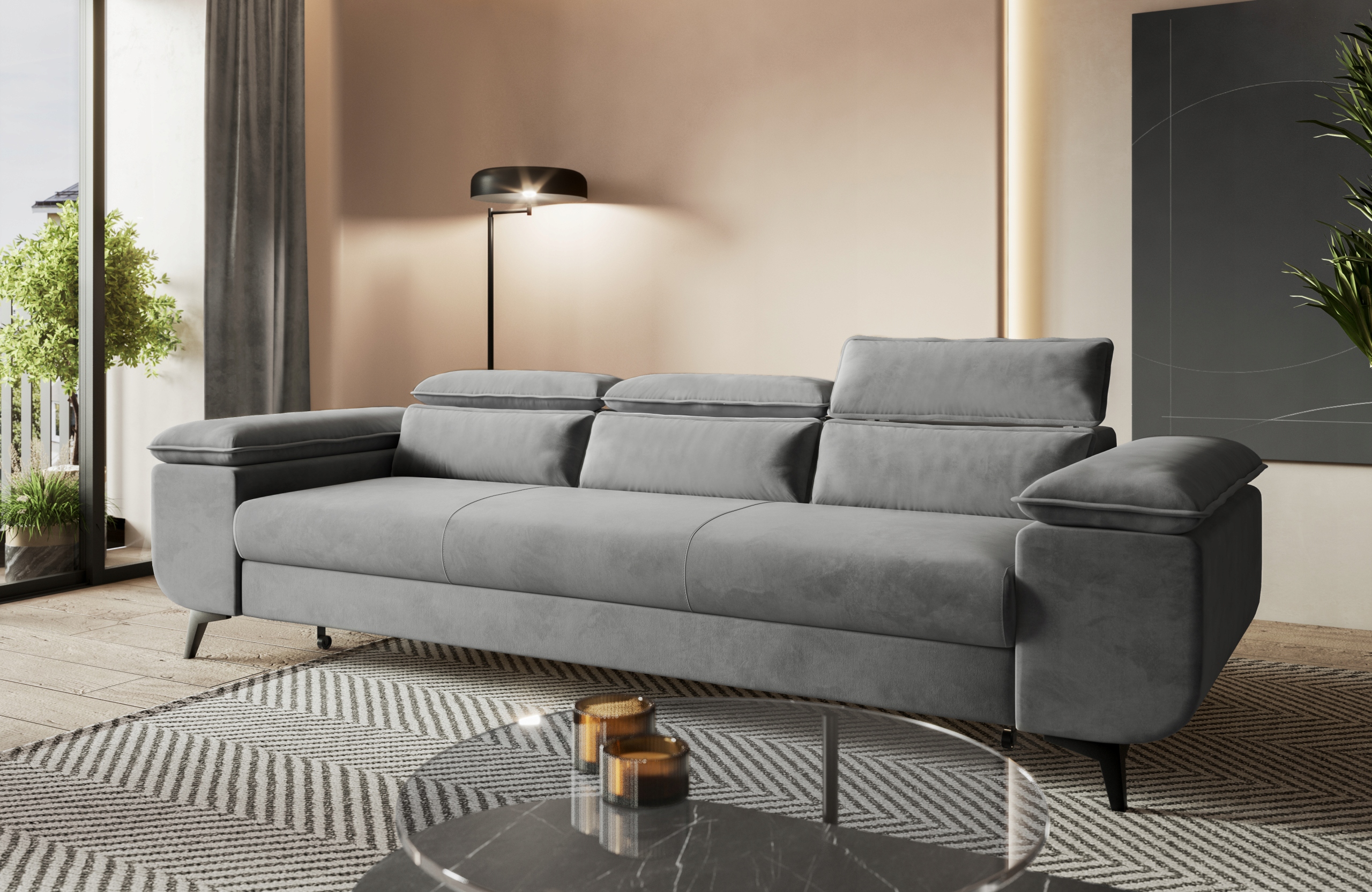 Pohovka s funkcí spaní Flat s nastavitelnými opěrkami hlavy, šedý velur