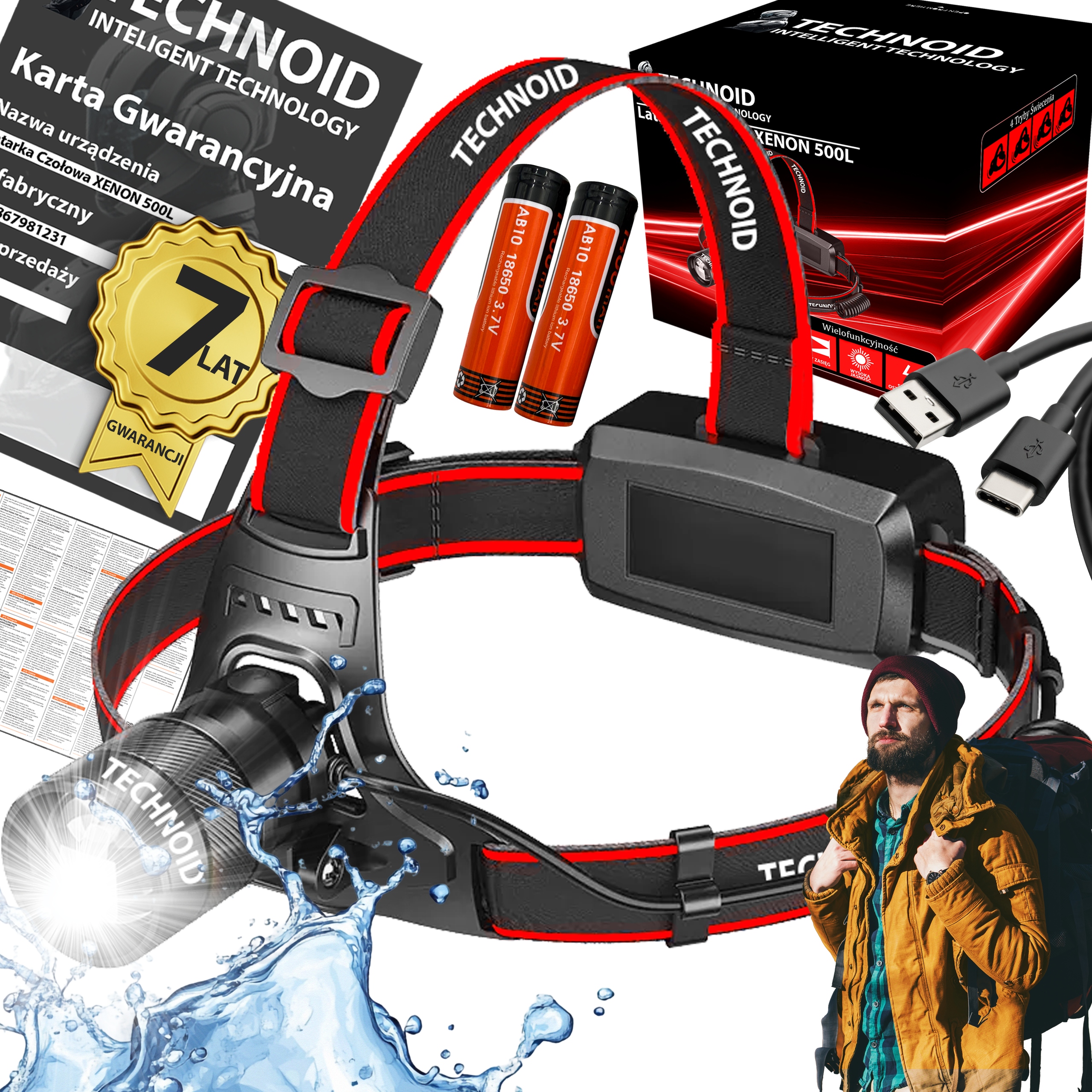 Čelová Svítilna Xenon 500L Čelovka Led Zasieg 1000M Zoom 5000LM Usb-c XXXL