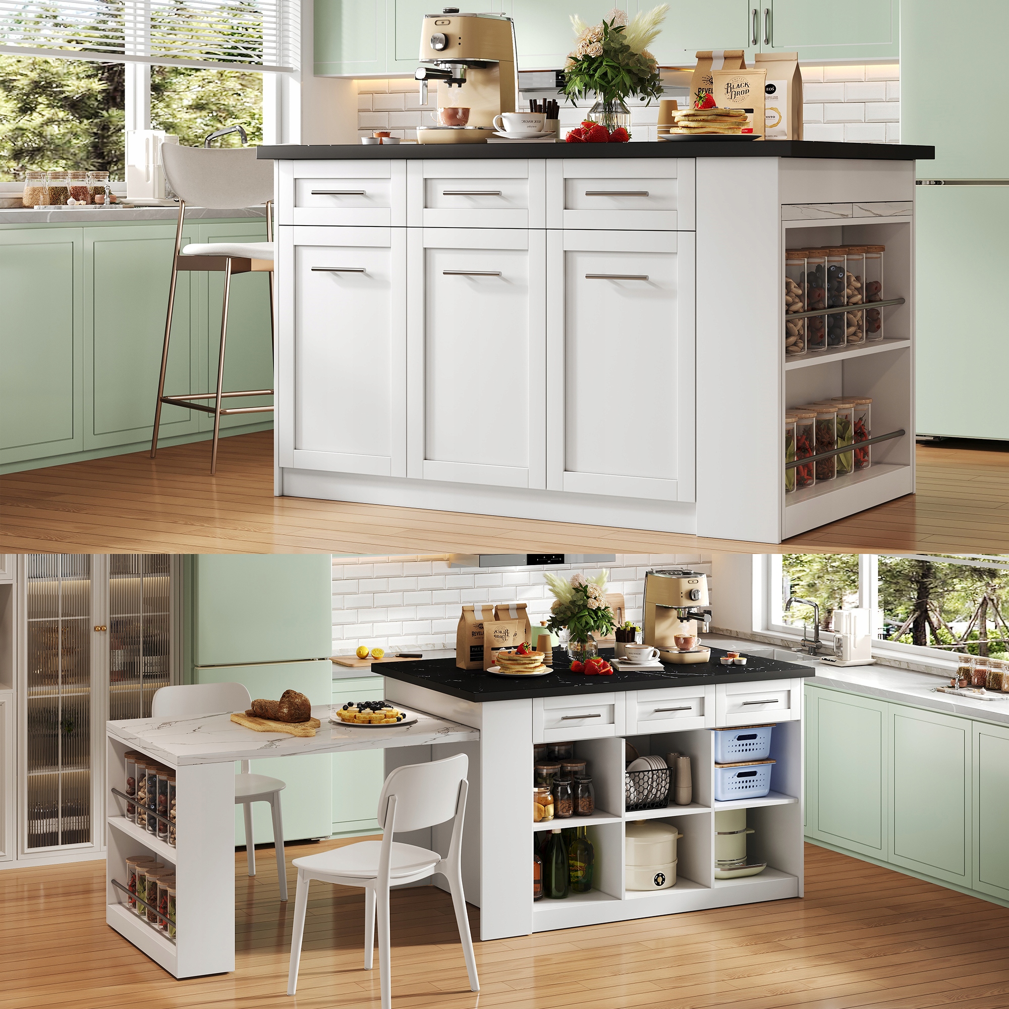 150+96cm White Kitchen Island w/ Extendable Table, Marble Top & Storage Głębokość mebla 90 cm