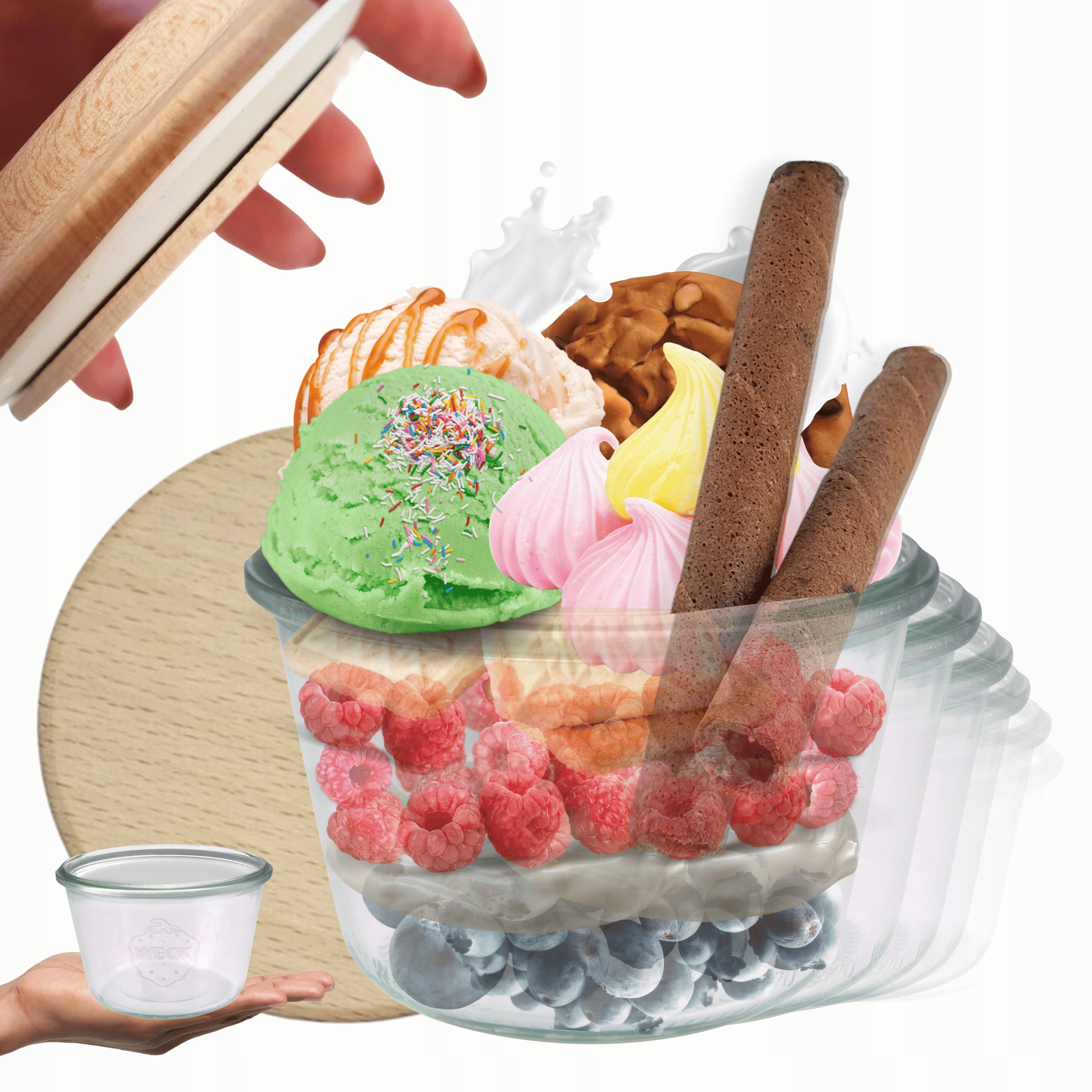 Sklenice Weck 370 ml zavařeniny Mold žáruvzdorné dřevěné víka 6 Ks Pevné
