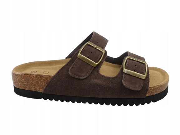Klapki damskie skórzane zamszowe brązowe czekoladowe z klamrami letnie 39