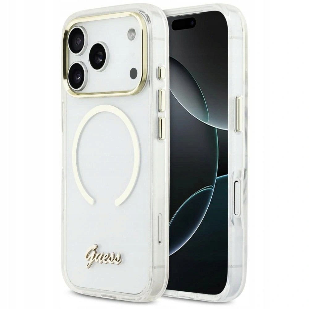 Pouzdro Guess IML Script Metal MagSafe pro iPhone 17 Pro průhledné