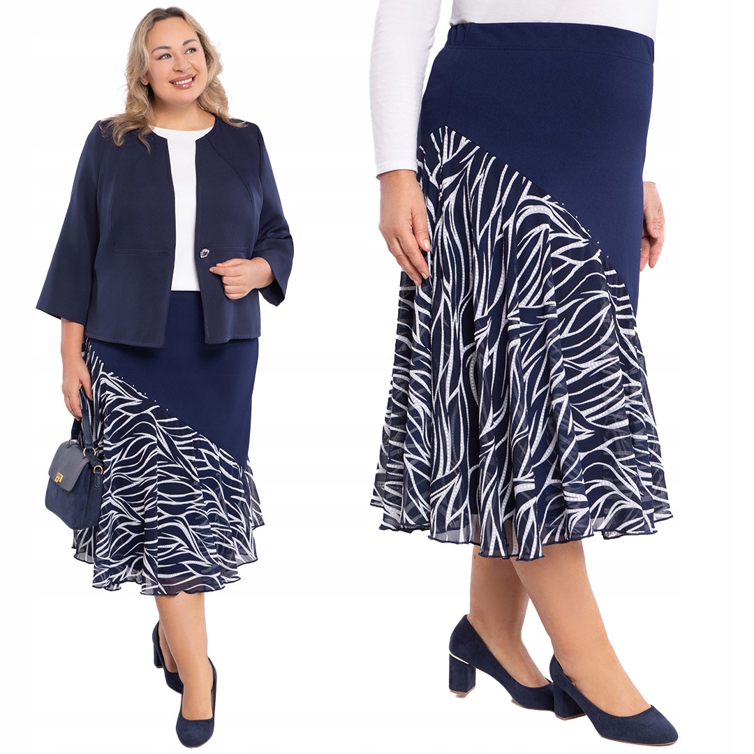 Tmavě modrá šifonová sukně s bílou vzorovanou vsadkou 52/54