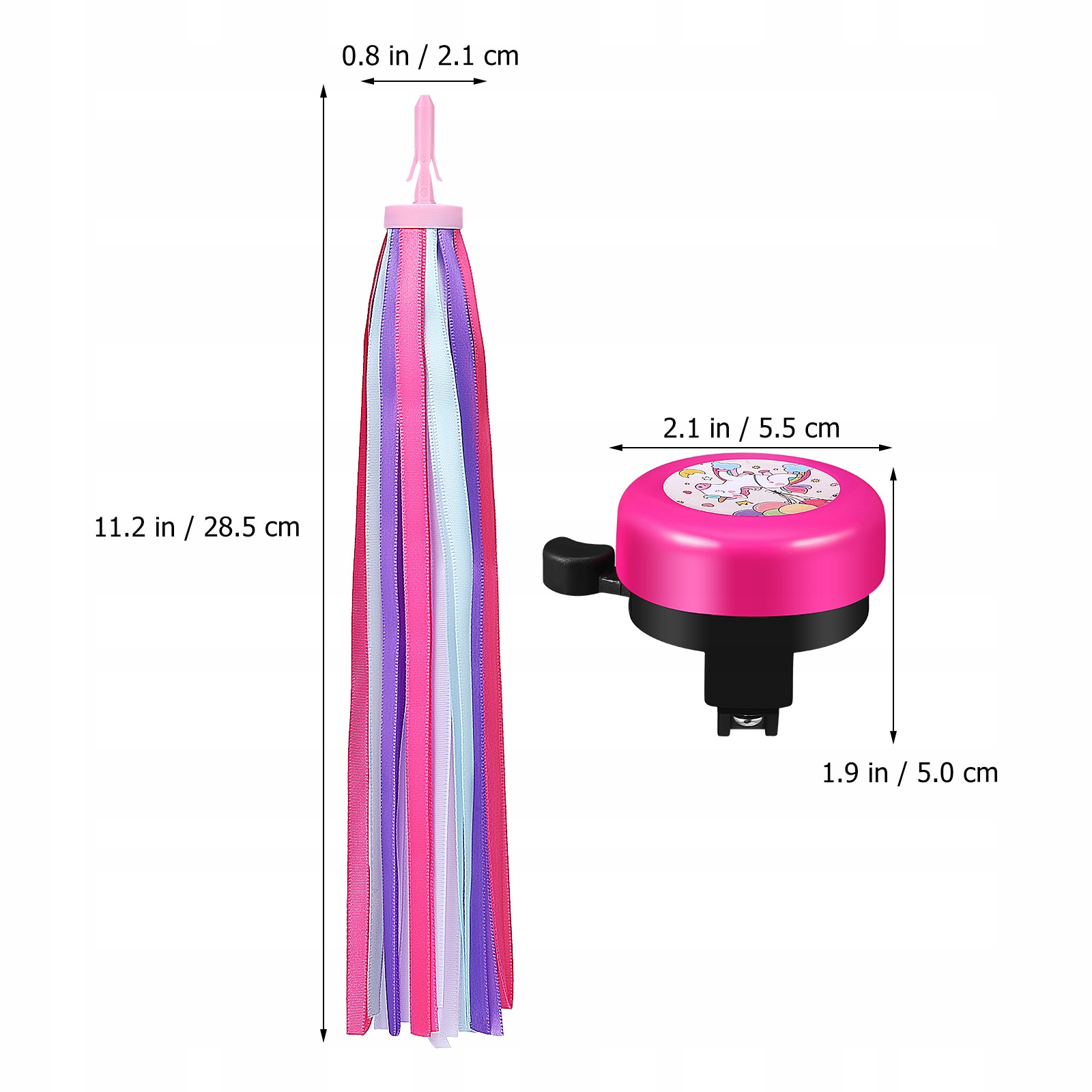 ZESTAW DZWONEK ROWEROWY JEDNOROŻEC Z WSTĄŻKAMI Kolor dominujący róże i fiolety