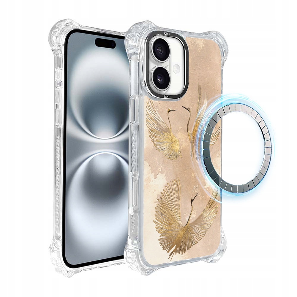 Pouzdro pro iPhone 16 Ibizu DropGuard Ultra s MagSafe, zlaté jeřáby