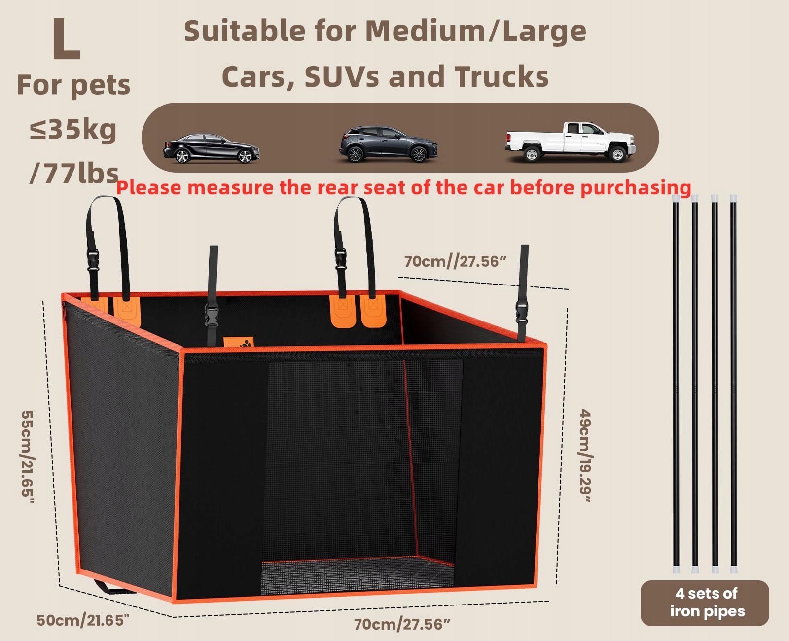 Levně Pecute Zesílená autosedačka pro psy 70x50x55 cm