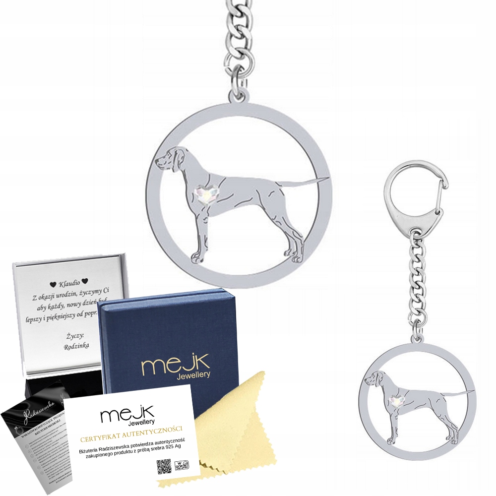 Přívěsek Na Klíče Stříbrný s psem Maďarský krátkosrstý 925 Žena Gravírování Bonus