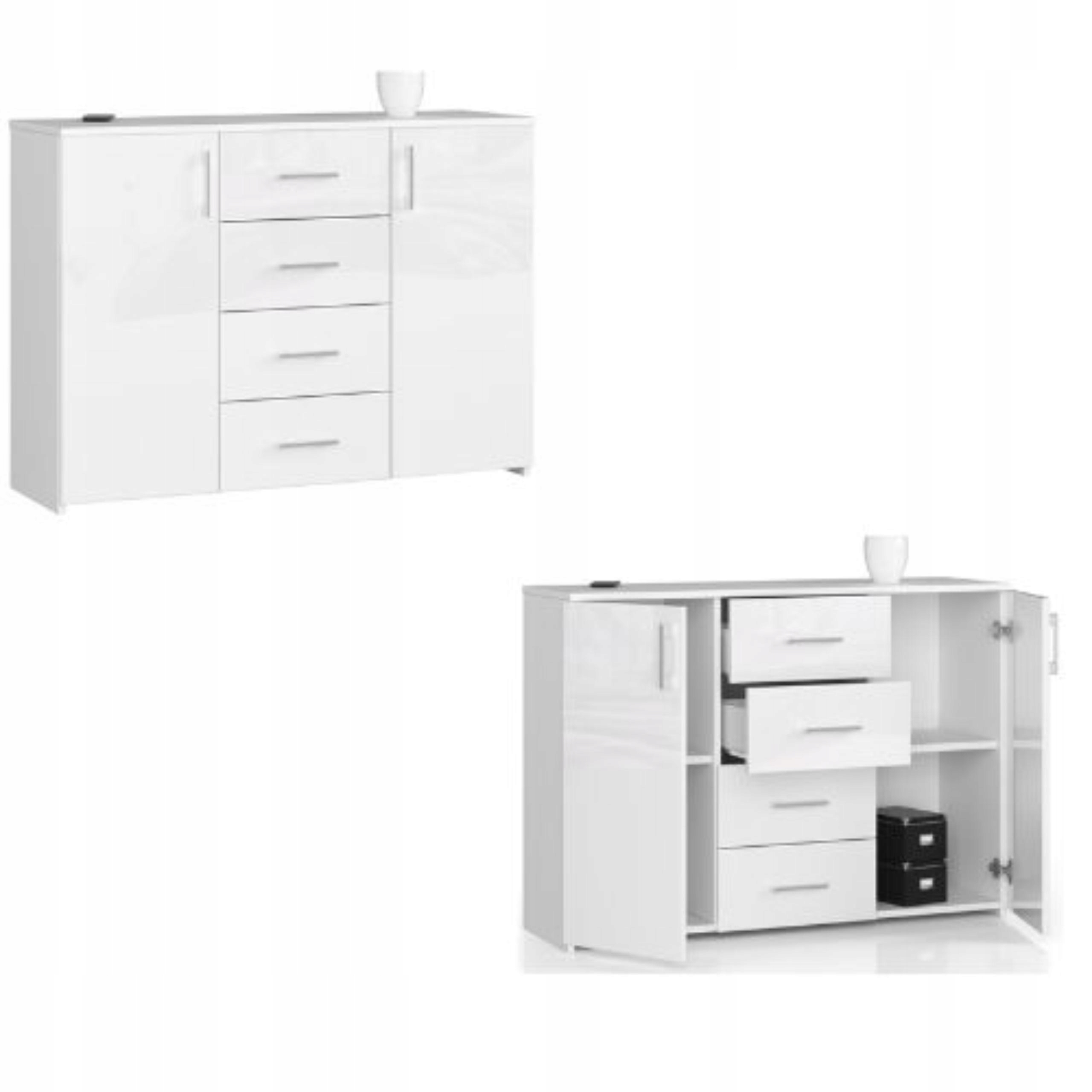 Komoda, skrinka K45 110 cm, 4 zásuvky, biela/biely lesk Akd