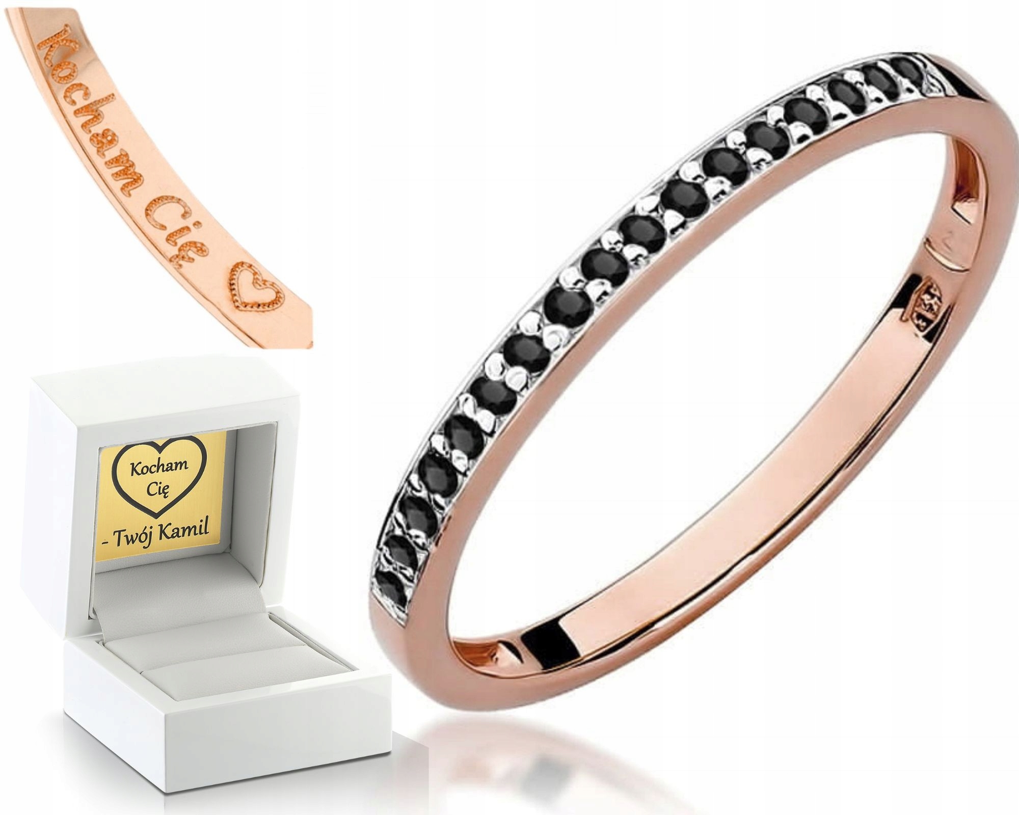 Růžový Zlatý Prstýnek Snubní Prsten Černé Diamanty Ryzost 585 14K Dárek