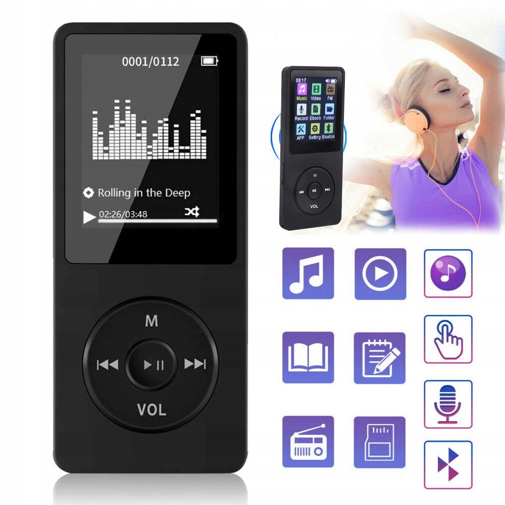 MP3 Přehrávač Rádio Fm Bluetooth 5.0 Ebook Diktafon 16 Gb Sluchátka